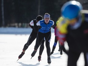 The pack is seen during the 25km speed skating race held at the 2015 Silver Skate Festival at Hawrelak Park in Edmonton, Alta., on Saturday, Feb. 21, 2015. Ian Kucerak/Edmonton Sun