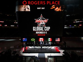 Sean Gleason (centre), Professional Bull Riders CEO, speaks during the Professional Bull Riders Global Cup announcement held at Rogers Place in Edmonton on Wednesday, February 8, 2017.