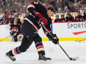 Senators defenceman Dion Phaneuf competes in the hardest shot event at the Sens Skills Competition at the Canadian Tire Centre in Ottawa on Dec. 30, 2016. (Errol McGihon/Postmedia)