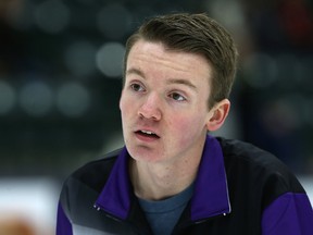 Skip J.T. Ryan tracks his stone during the Viterra provincial men's curling championship at the Stride Centre in Portage la Prairie on Wed., Feb. 8, 2017. (Kevin King/Winnipeg Sun/Postmedia Network)