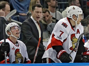 Ottawa Senators coach Guy Boucher, centre, shouts at his players, including Kyle Turris, right, during a game against the Tampa Bay Lightning on Thursday, Feb. 2, 2017, in Tampa, Fla. (AP Photo/Chris O’Meara)