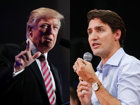 L-R President Donald Trump speaks at the House and Senate GOP lawmakers at the annual policy retreat in Philadelphia, Thursday, Jan. 26, 2017. (AP Photo/Pablo Martinez Monsivais) Prime Minister Justin Trudeau takes questions at a town hall meeting in Calgary, Alta., Tuesday, Jan. 24, 2017. THE CANADIAN PRESS/Jeff McIntosh