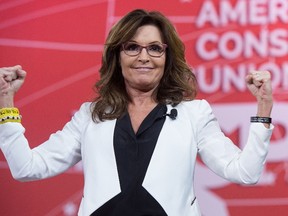 This file photo taken on Feb. 26, 2015 shows Sarah Palin gesturing at the annual Conservative Political Action Conference (CPAC) at National Harbor, Maryland. (NICHOLAS KAMM/AFP/Getty Images)