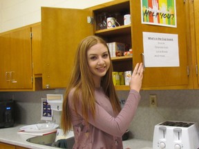 Sage Irvine, 16, a Grade 11 student at Lambton Central Collegiate, is shown at Kelly's Cupboard on Thursday February 9, 2017 at the high school in Petrolia, Ont. The cupboard holds food, as well as school and personal care supplies, for students who need them. (Paul Morden/Sarnia Observer)