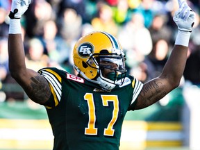 Edmonton's Shamawd Chambers celebrates a first down during the Canadian Football League Western Final between the Edmonton Eskimos and the Calgary Stampeders at Commonwealth Stadium in Edmonton, Alta., on Sunday, Nov. 22, 2015.