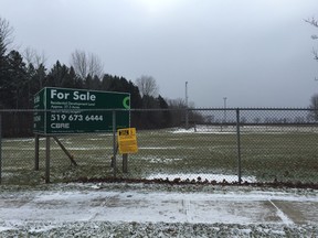 The 'For Sale' sign in Talbotville isn't for the ball diamond, but for the tract of land behind it. Southwold is trading a section of land to give the plot direct access to Talbotville Gore Rd. -- paving the way for a future residential development. The municipality is getting three more acres in the trade and is planning $510,000 in park improvements this summer. (Jennifer Bieman/Times-Journal)