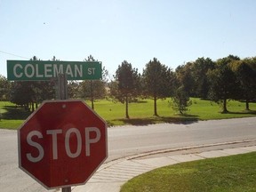 Behind the stop sign is where Seaforth residents have planted more than a dozen fruit trees on municipal property.  At the last council meeting, Huron East council has voted in favour to remove this orchard by July 1.(Shaun Gregory/Huron Expositor)