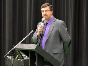 Bonnyville Mayor Gene Sobolewski speaks during a ceremony to mark The Day of Mourning for workers killed on the job on  Wednesday April 27, 2016 in Bonnyville, Alta. Peter Lozinski/Cold Lake Sun/Postmedia