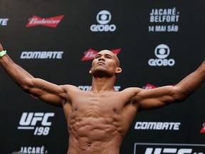 Ronaldo Souza reacts during the UFC 198 weigh-in at Arena da Baixada stadium on May 13, 2016 in Curitiba, Brazil. (Buda Mendes/Getty Images)