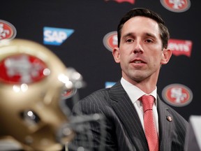 San Francisco 49ers head coach Kyle Shanahan answers questions during a press conference Thursday, Feb. 9, 2017, in Santa Clara, Calif. (AP Photo/Marcio Jose Sanchez)