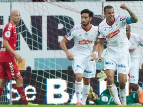 Netan Sansara, right, celebrates a goal in a Norwegian First Divison game with Fredrikstad in 2016. Sansara signed with FC Edmonton on Thursday, Feb. 9, 2017.