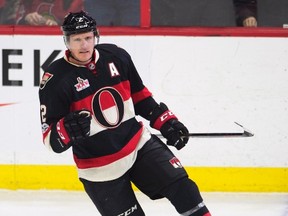 Senators defenceman Dion Phaneuf celebrates his goal against the Stars during first period NHL action in Ottawa on Thursday, Feb. 9, 2017. (Adrian Wyld/The Canadian Press)