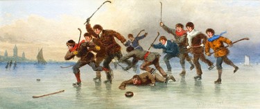 The location of Frederick Bell-Smith’s 1880 painting "Shinny on the Ice" is not identified. However, there are a couple of clues that identify it as depicting a game on a frozen Toronto Bay. (Courtesy Masters Gallery, Calgary)
