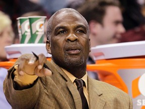 In this Jan. 20, 2011 photo, then-Charlotte Bobcats assistant coach and former New York Knicks star Charles Oakley directs players in the first half of an NBA basketball game against the Philadelphia 76ers in Charlotte, N.C. (AP Photo/Chuck Burton, File)