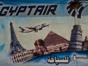 An advert promoting EgyptAir is seen on the outside of a travel agency on May 23, 2016 in Cairo, Egypt. (Chris McGrath/Getty Images)