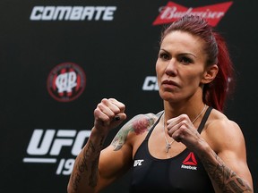 Cris (Cyborg) Justino weighs in during the UFC 198 weigh-in at Arena da Baixada stadium on May 13, 2016 in Curitiba, Brazil. (Buda Mendes/Getty Images)