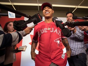 Toronto Blue Jays pitcher Marcus Stroman scrums with the media during the team’s winter tour in Toronto on Friday, January 20, 2017. (THE CANADIAN PRESS/Chris Young)