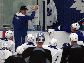 Leafs coach Mike Babcock directs the team during practice at the Marstercard Centre in Toronto on Monday January 30, 2017. (Dave Abel/Toronto Sun/Postmedia Network)