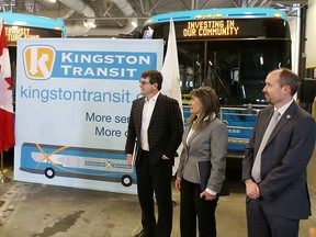 Kingston and the Islands MP Mark Gerretsen, left, announced $6.8 million in federal funding for Kingston Transit. Gerretsen is joined by, from right, Kingston Mayor Bryan Paterson, Kingston and the Islands MPP Sophie Kiwala and Hastings-Lennox and Addington MP Mike Bossio in Kingston on Friday. (Elliot Ferguson/The Whig-Standard)