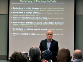 Thomas Kerr, the principal investigator of a feasibility study exploring the potential to add supervised injection services in London, speaks an event at the London Public Library's Central Branch February 8, 2017. CHRIS MONTANINI\LONDONER\POSTMEDIA NETWORK