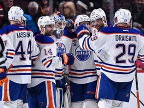 The Edmonton Oilers celebrate their victory over the Montreal Canadiens during the NHL game at the Bell Centre on February 5, 2017 in Montreal. The Oilers returned to practice Friday after a five-day break.