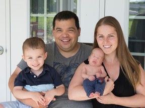 Steve Beck (back left) and Ashley Beck (back right) with their two youngest children Daxton, 3, and Blayne, eight months, in front of their Hay River, N.W.T. home. Blayne was born significantly premature, forcing the family to stay in Edmonton while he received life-saving medical care. Fortunately, they were able to stay in Valour Place at 11109 111 Ave. in Edmonton, saving the family financially while allowing them to be there when their infant son needed them most.