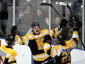 Kingston Frontenacs forward Tyler Burnie celebrates after scoring a goal at the Rogers K-Rock Centre in this file photo. (Ian MacAlpine /The Whig-Standard)