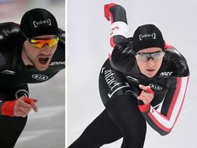 Canada's Vincent De Haitre and Ivanie Blondin are seen in the combination shot, competing during the men's 1000 metre race and women's 5,000 metre race, respectively, of the ISU world single distances speed skating championships at Gangneung Oval in Gangneung, South Korea, Saturday, Feb. 11, 2017.  (AP Photo/Ahn Young-joon/Atsushi Tomura/Getty Images)