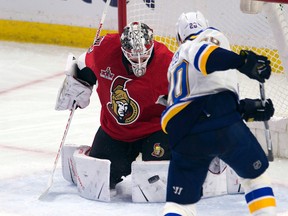St. Louis Blues left wing Alexander Steen (20) fires the puck off the pad of Ottawa Senators goalie Andrew Hammond in Ottawa on Tuesday, February 7, 2017. (THE CANADIAN PRESS/Adrian Wyld)