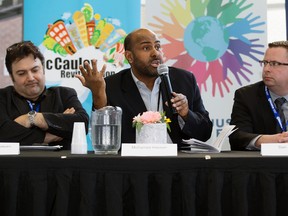 Dr. Farzad Zare-Bawani (left), Mohamed Osman Hassan (middle), and Edmonton Police Service Inspector Dan Jones (right) take part in a panel discussion at Concordia University in Edmonton on Feb. 11, 2017.