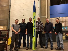 Edmonton Rocketry Club members Shawn Eyestone, Alex Parker, Ken Mueller, Matt Ornawka, Mike Latta and John Chin with the club’s first group project, a three metre long, 13 kilogram rocket. The club is expecting launch the rocket, which will hit an altitude of 7,200 feet, on February 18, 2017 in Viking, Alberta.