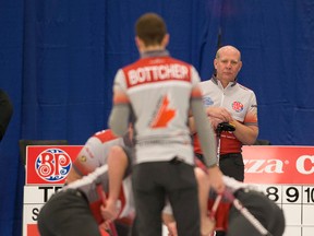 Kevin Martin is coaching the Brendan Bottcher rink at the 2017 Alberta Boston Pizza Cup men's curling championship in Westlock, but will be in the booth for Sunday's playoffs. (Greg Southam)