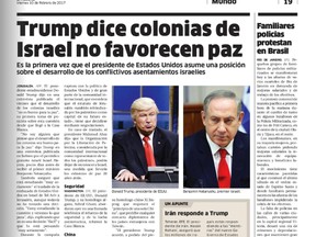 This screen grab of the Friday, Feb. 10, 2017 digitized version of Dominican Republic's El Nacional print edition shows comedian Alec Baldwin doing his impression of President Donald Trump on “Saturday Night Live,” next to a photo of Israel's Prime Minister Benjamin Netanyahu on the paper's international page with the Spanish headline: “Trump says settlements in Israel don’t favour peace." (El Nacional via AP)