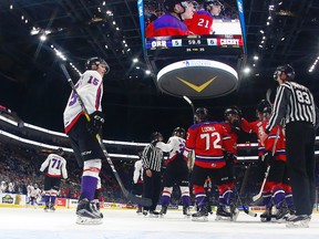 Team Cherry players celebrate their empty net goal against Team Orr during the CHL/NHL Top Prospects Game at the Videotron Center on Jan. 30, 2017. (Mathieu Belanger/Getty Images)