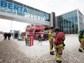 Crews continues to work at NAIT after a fire in a physics lab forced the evacuation of six wings of the school, in Edmonton Friday Feb. 10, 2017. Photo by David Bloom