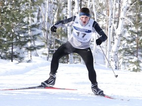 Lucas Mrozewski of Lo-Ellen who placed first in the junior boys division, makes his way up the wall during the Nordic high school city championships at the Laurentian Ski Trails in Sudbury, Ont. on Thursday February 9, 2017. The NOSSA Nordic championships take place Tuesday at the Naughton Trails. Gino Donato/Sudbury Star/Postmedia Network