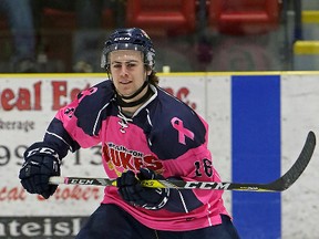 Rory Milne of the Wellington Dukes scored the game-winner Friday in Trenton; plus, also scored Sunday in a lopsided win over Lindsay. (OJHL Images)