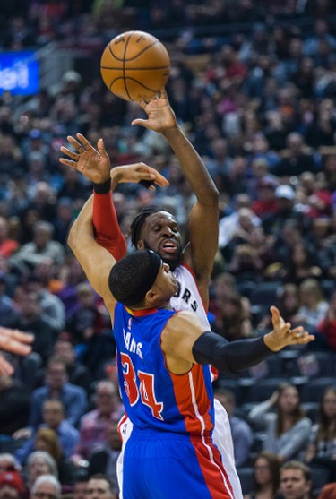 Toronto Raptors DeMarre Carroll during 1st half action against the Detroit Pistons Tobias Harris at the Air Canada Centre in Toronto, Ont. on Sunday February 12, 2017. Ernest Doroszuk/Toronto Sun/Postmedia Network