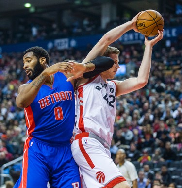Toronto Raptors Jakob Poeltl during 2nd half action against the Detroit Pistons Andre Drummond at the Air Canada Centre in Toronto, Ont. on Sunday February 12, 2017. Ernest Doroszuk/Toronto Sun/Postmedia Network