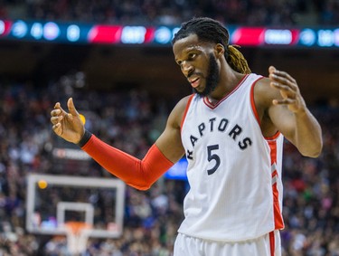 Toronto Raptors DeMarre Carroll reacts during 2nd half action against the Detroit Pistons at the Air Canada Centre in Toronto, Ont. on Sunday February 12, 2017. Ernest Doroszuk/Toronto Sun/Postmedia Network