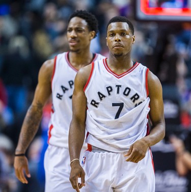 Toronto Raptors Kyle Lowry (front) and DeMar DeRozan react to a loss against the Detroit Pistons at the Air Canada Centre in Toronto, Ont. on Sunday February 12, 2017. Ernest Doroszuk/Toronto Sun/Postmedia Network