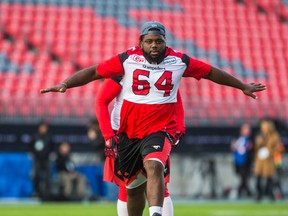 Calgary Stampeders' Derek Dennis during a walkthrough ahead of the Grey Cup at BMO Field on Nov. 26, 2016. (Ernest Doroszuk/Toronto Sun/Postmedia Network)