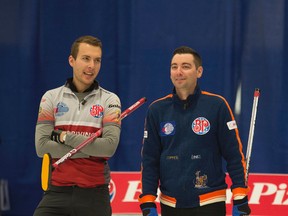Skip Brendan Bottcher, left, and Skip Ted Appelman, both of the Saville Sports Centre in Edmonton, compete in the final draw of the Alberta Boston Pizza Cup in Westlock, Alta., on Feb. 12, 2017. (Shaughn Butts)
