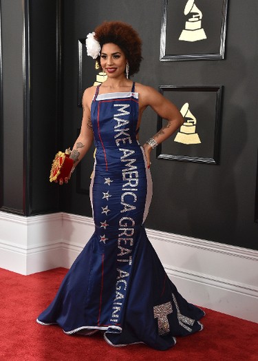 Joy Villa wears a gown that says "Make America Great Again" at the 59th annual Grammy Awards at the Staples Center on Sunday, Feb. 12, 2017, in Los Angeles. (Photo by Jordan Strauss/Invision/AP)