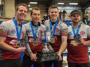 From left, Karrick Martin, skip Brendan Bottcher, Brad Thiessen and Darren Moulding of the Saville Sports Centre in Edmonton, defeated Skip Ted Appelman of the Saville Sports Centre in extra ends at the 2017 Alberta Boston Pizza Cup in Westlock, Alta., on Feb. 12, 2017. (Shaughn Butts)