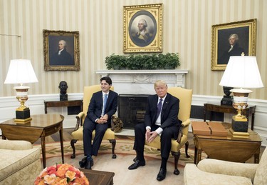U.S. President Donald Trump (R) meets with Prime Minister Justin Trudeau of Canada in the Oval Office at the White House on Feb. 13, 2017 in Washington, D.C. This is the first time the two leaders are meeting at the White House. (Photo by Kevin Dietsch-Pool/Getty Images)