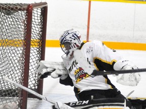 Ryan Bell of the Mitchell Bantams has been rock solid all season as the team enters the OMHA 'CC' semi-finals. ANDY BADER/MITCHELL ADVOCATE