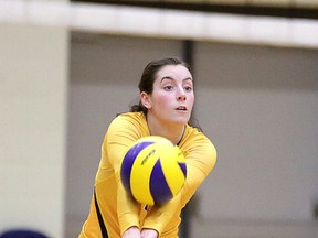 Amanda Kring of the Cambrian Golden Shield bumps the ball during OCAA women's volleyball action against College Boreal in Sudbury, Ont. on Wednesday February 1, 2017. Cambrian won 3-0.Gino Donato/Sudbury Star/Postmedia Network