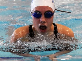 Faith Jamieson of the St. Patrick's Fighting Irish races down the pool at the YMCA during the LKSSAA high school swimming championships on Friday, Feb. 10, 2017 in Sarnia, Ont. The Irish won the girls, boys and combined team titles for the second straight year. (Handout/Sarnia Observer/Postmedia Network)