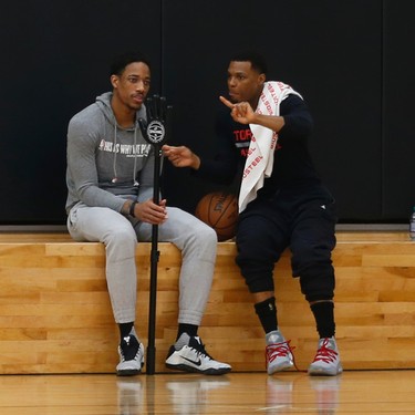 Toronto Raptors point guard Kyle Lowry (R) had a lot of hand gestures and words for teammate DeMar DeRozan after he spoke with the media. Raptors had a spirited practice in preparation for their game in Chicago against the Bulls on Tuesday night.in Toronto, Ont. on Monday February 13, 2017. Jack Boland/Toronto Sun/Postmedia Network